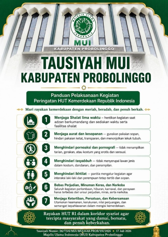 Sambut HUT RI 2026, MUI Probolinggo Rilis Tausiyah; Imbau Maknai Kemerdekaan dengan Menjaga Moralitas Umat