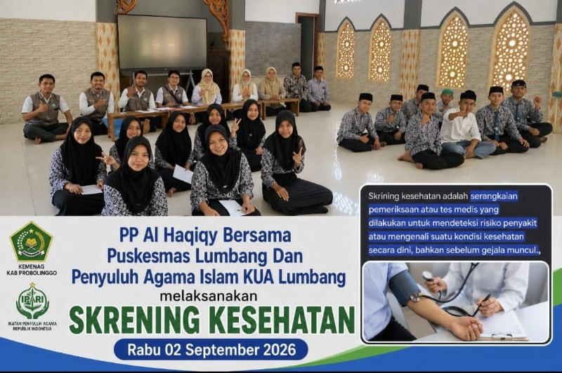 Skrining Kesehatan di Pondok Pesantren Al Haqiqi Gandeng Penyuluh Agama Islam KUA Lumbang